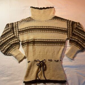 Vintage Cream and Brown Striped Turtleneck Sweater